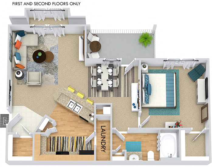 Aden 3D. 1 bedroom apartment. Kitchen with bartop open to living/dinning rooms. 1 full bathroom. Walk-in closet. Patio/balcony.